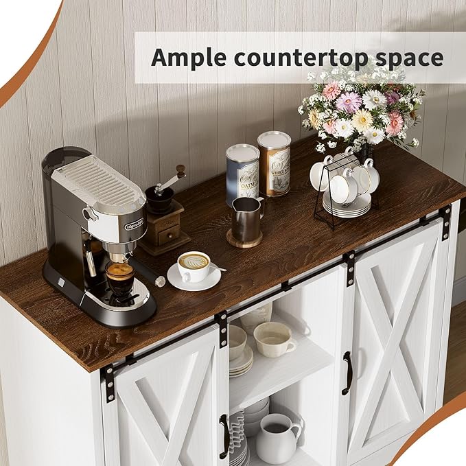 4 EVER WINNER 42" Coffee Bar Cabinet, Sideboard Cabinet with Adjustable Shelf for Kitchen, Farmhouse Buffet Cabinet with Storage
