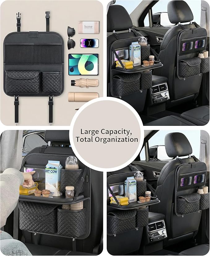 Car Seat Organizer, Backseat Car Organizer with Foldable Table Tray & Cup Holder - Leather Car Backseat Organizer for Kids, Women, Road Trip Essentials for SUVs, Trucks and Cars (Black)