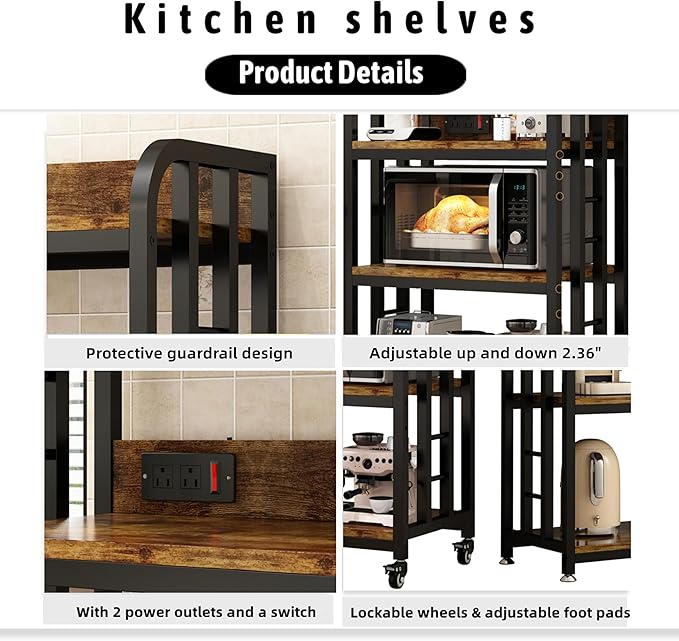4-Tier Kitchen Bakers Rack with Power Outlet and Rolling Wheels, Microwave Stand with Storage, Adjustable Kitchen Shelves Freestadning, Coffee Bar Station, Bakers Rack for Spices, Pots and Pans, Brown