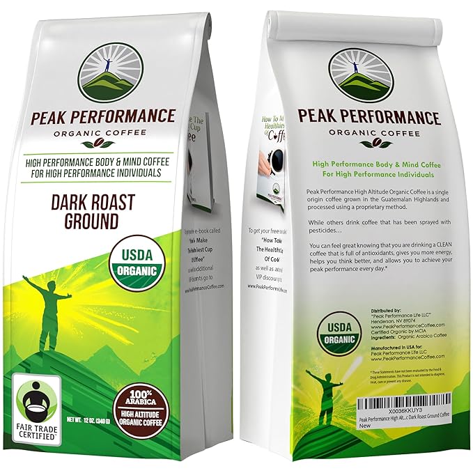 Peak Performance High Altitude Organic Coffee - Fair Trade, Low Acid, Non GMO, and Beans Full of Antioxidants - Dark Roast Smooth Tasting USDA Certified Organic Ground Coffee Bag 12 oz