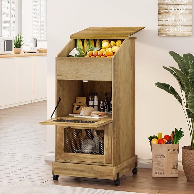 Potato and Onion Storage Bin with Wheels, 3 Tier Wooden Potato Storage Cabinets with Mesh Doors, Farmhouse Movable Fruit and Vegetable Box, Wood Bread Box for Kitchen (Brown)