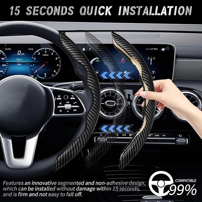 WOCOCN 3pcs Car Steering Wheel Cover,Anti-Skid Carbon Fiber Steering Wheel Protector for Men Women,Multiple Color Options,Universal for Most Car Interiors Accessories (Bright Black 3PCS)