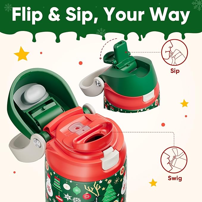 Christmas Insulated Water Bottle with Straw - Leak Proof Stainless Steel Water Bottle for School, Travel, Keeps Cold All Day, One-Touch Flip Lid, Holiday Gifts For Women Men, 24 oz, Frosty Forest