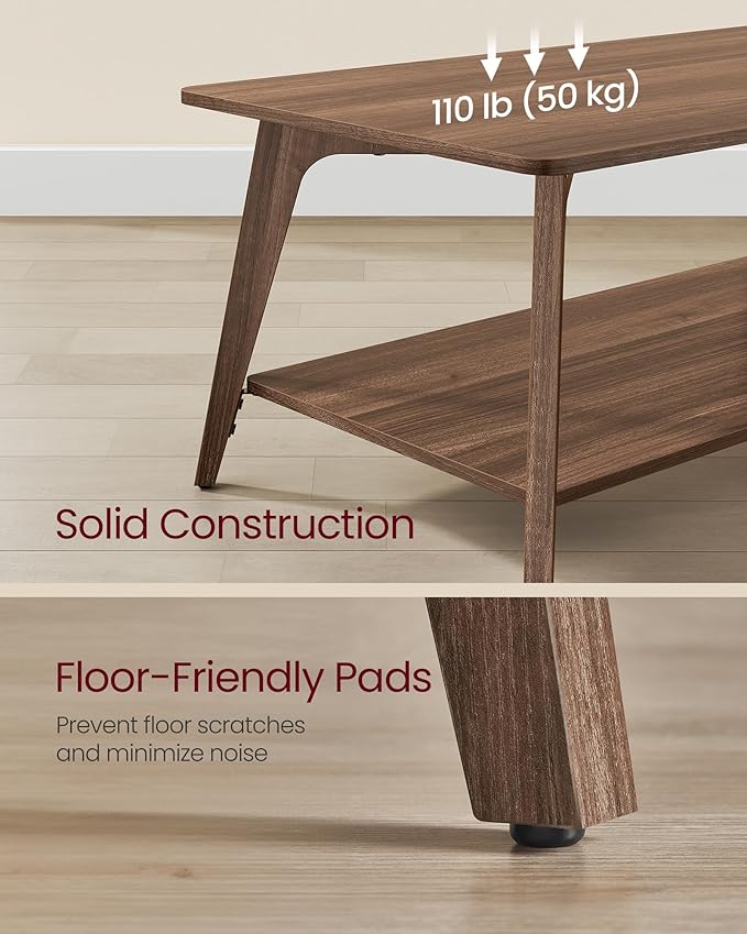 VASAGLE MAEZO Collection - Coffee Table, 2-Tier Center Table with Storage, Tapered Legs, Curved Transitions, 21.7 x 39.4 x 17.7 Inches, Easy to Assemble, for Living Room, Chestnut Brown ULCT249KX01S