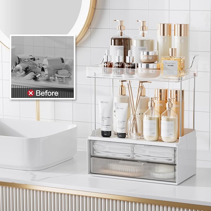 Delamu Bathroom Organizers and Storage, 2 Tier 2 Drawer Makeup Organizer Countertop, Easy to Install, Ideal for Bathroom Counter, Vanity, Clear