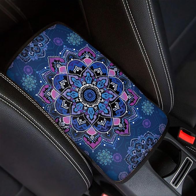 Mandala Flower Print Car Center Console Cushion Pad Dust-Proof Universal Armrest Cover Decorative Car Interior Accessories for Truck Sedan SUV