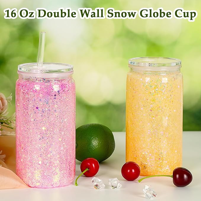 16 Oz Plastic Snow Globe Tumbler with Lid and Straw, 10 Pack Double Wall Pre Drilled Plastic Mason Jar Cups Can for Snow Globe Glitter DIY Gift(Clear)