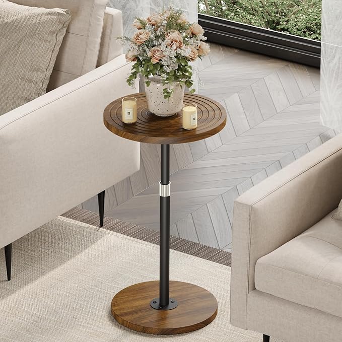 Round Side Table Set of 2, Adjustable-Height Small Drink Table, Pedestal Martini Stand, Weighted Base Cocktail Table Accent Nightstand for Living Room, Bedroom, Bathroom, Office, Walnut