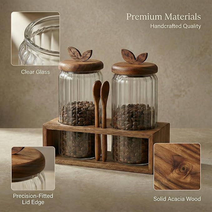 Coffee Bar Glass Canister Set – 2 × 34 floz Airtight Glass Jars with Acacia Wood Lids, 2 Acacia Wood Spoons & Acacia Organizer Tray