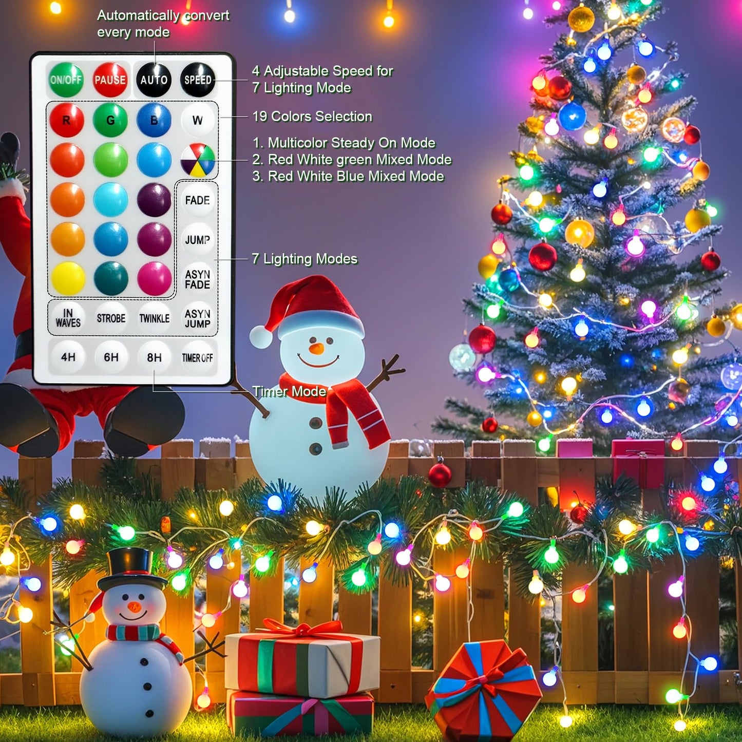 Eoako Globe LED String Lights 100 LED 38ft Color Changing with Remote, 7 Modes, Indoor/Outdoor, RGB, Model XBQ-100RGB
