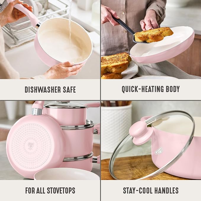 GreenLife 5 Quart Nonstick Stock Pot with Lid, Non-Toxic Ceramic Pot, Dishwasher Safe, Induction Ready, Fast Heating, Stay-Cool Handles, Kitchen Casserole, Soup, Pasta, Easy Clean, Blush Pink