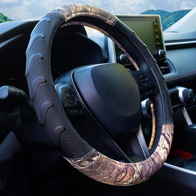 Mossy Oak Steering Wheel Cover with Comfort Grip; Heavy Duty 600D Oxford Material with Mossy Oak Break-up Country Camouflage; Fits Sedans Compact SUVs Mini Vans with Steering Wheel Size 14.5" to 15"