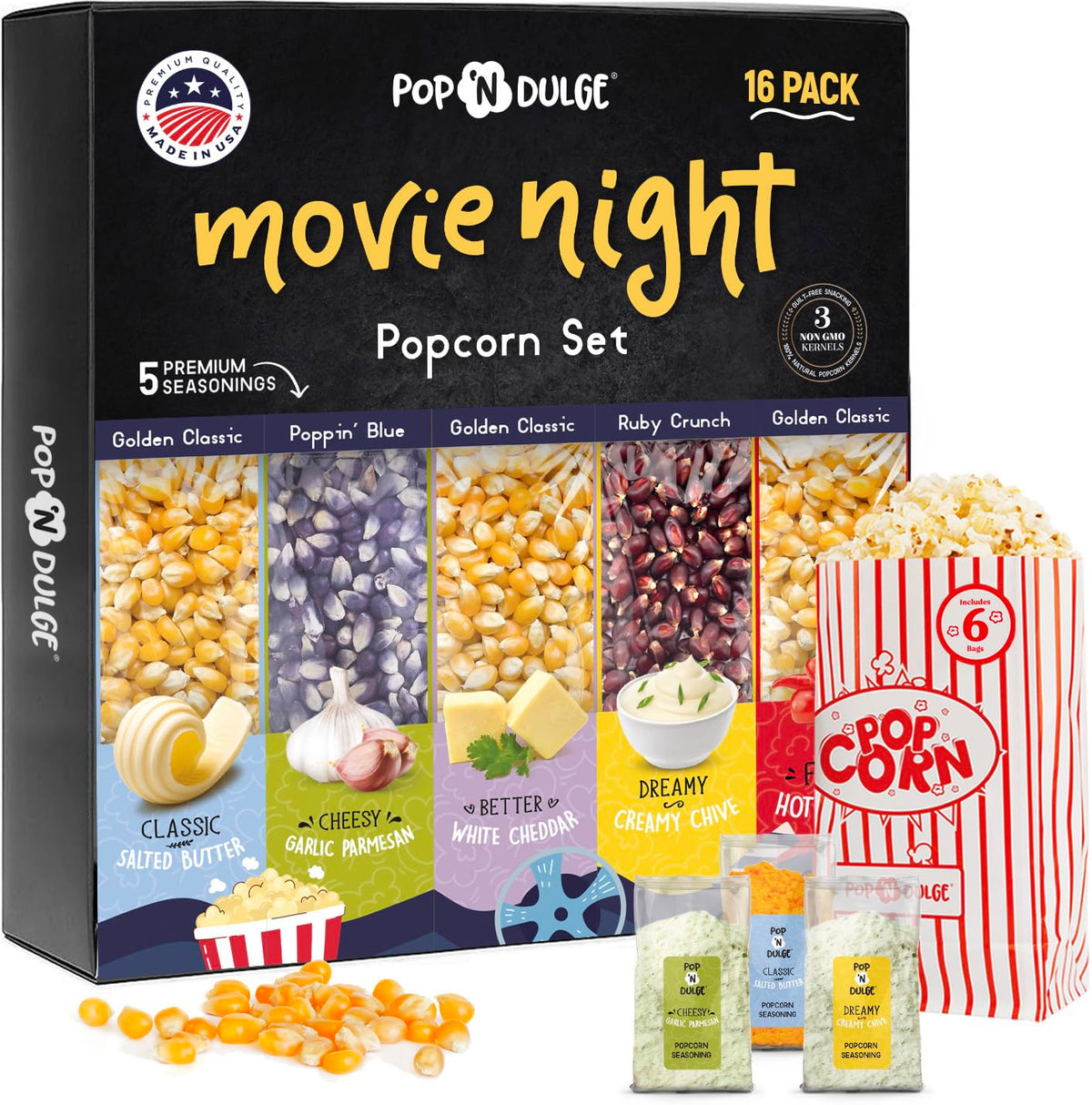 Pop n' Dulge popcorn movie night gift set with 5 gourmet kernels and 5 seasoning packs - 16 piece non-GMO kosher snacks
