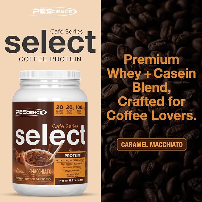 PEScience Select Cafe Protein Coffee Flavored Powder, 100mg Caffeine, 20g Iced Protein Coffee Powder or Creamer - Caramel Macchiato, 20 Servings