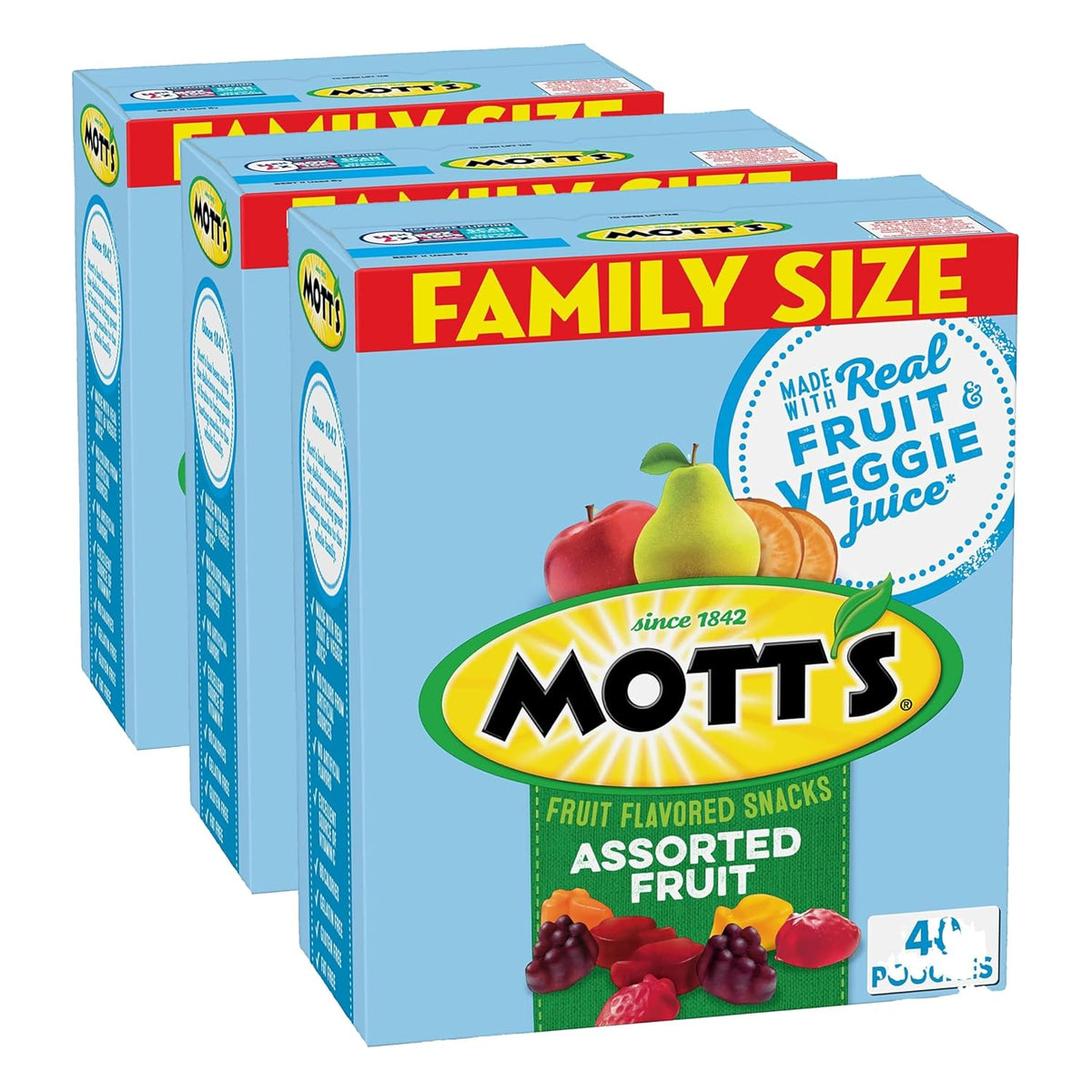 Mott's Assorted Fruit Snacks Family Pack, Gluten Free Gummies, Made with Fruit & Veggie Juice, Good Source of Vitamin C, Gelatin Free, 40 Count Individual Pouches, 32 oz