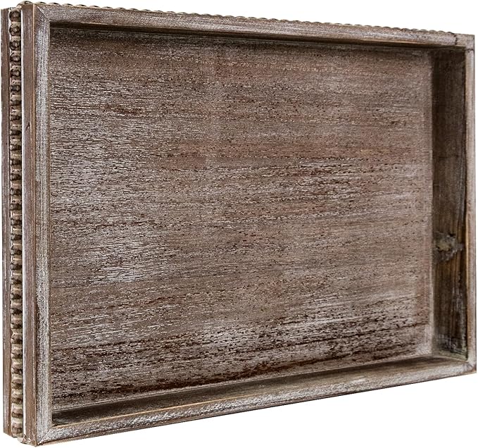 Wooden Decorative Tray, Rectangular Serving Tray with Wood Bead, Farmhouse Big Tray for Ottoman, Countertop, Coffee Tabl, 16.5" x 13"x 1.6" (Retro Brown)