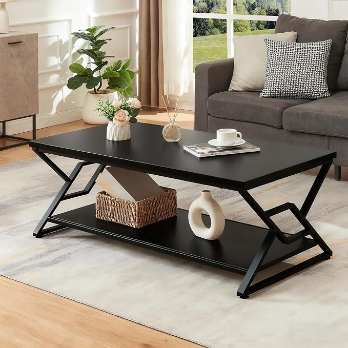 HOMISSUE Coffee Table, Rustic Rectangle Coffee Table with 2-Tier Storage, Engineered Wood Center Table with Open Shelves, Minimalist Coffee Table for Living Room, 47 Inch, Black