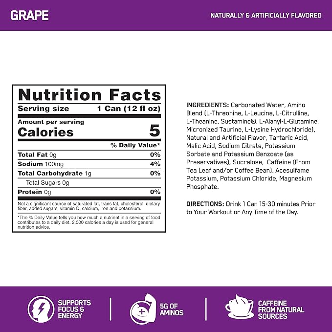 Optimum Nutrition Amino Energy Powder, Concord Grape, 20.6 Ounce, 65 Servings with Essential Amino Energy Plus Electrolyes Sparkling Drink, Grape, 12 Count - Bundle Pack