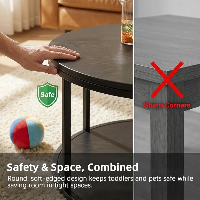 YESHOMY 36" Round Coffee Table, 2-Tier Wood Center Table with Storage Shelf, Heavy-Duty Metal Frame, Easy Assembly, Ideal for Living Room & Small Spaces, Black