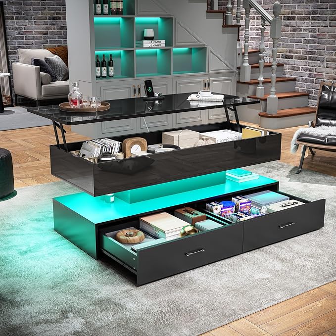 SEDETA 47.2" Lift Top Coffee Table, Coffee Tables with Storage for Living Room, 2 Drawers Coffee Table with Power Outlet & LED Light for Dining Reception Room, High Gloss Black
