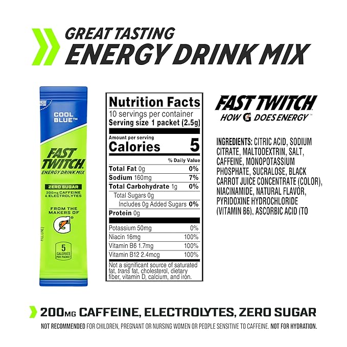 Fast Twitch Energy Drink Mix from Gatorade Powder Sticks, Cool Blue, 0.08oz Packets, 10 Pack, Zero Sugar, Caffeine, Electrolytes