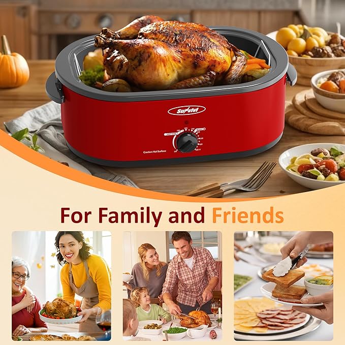 Sunvivi Electric Roaster,20 Quart Roasting Oven with Self-Basting Lid Removable Pan,Turkey Roaster Oven with 150 to 450F Temperature Control Cool-Touch Handles,Red