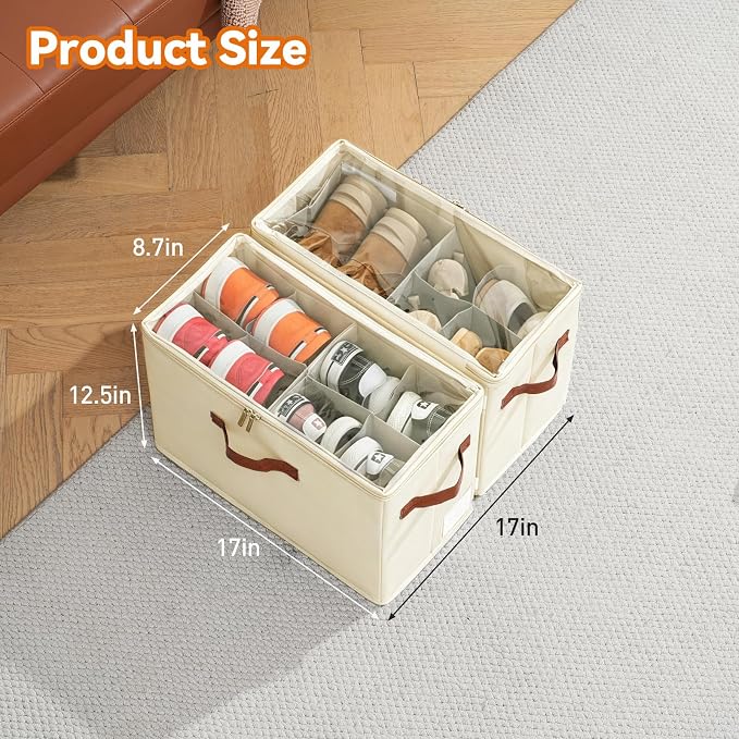2 Pack Shoe Organizer for Closet, Space Saving, Beige | Fits 16-32 Pairs, Adjustable Dividers, Clear Cover, Reinforced Handles, Stackable & Foldable Shoe Storage Box