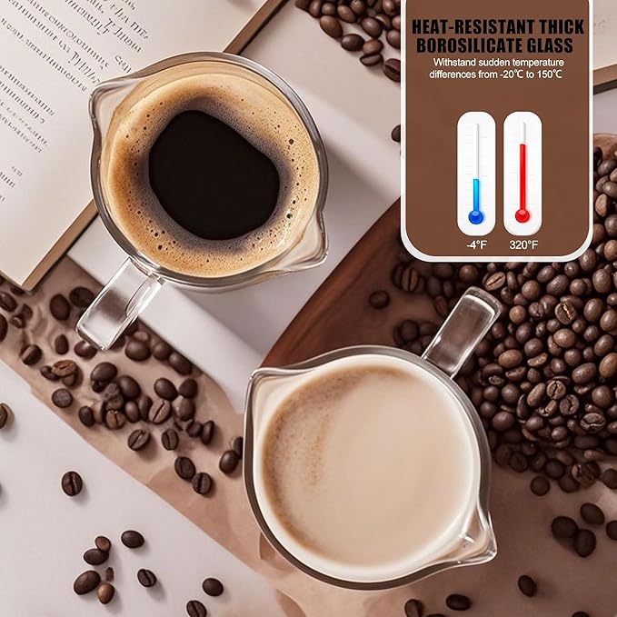 Espresso Cups Set of 2, 75ML Espresso Shot Glass with Handle Double Spout Cups Clear Glass Measuring Cup Coffee Accessories Great for Making Coffee Desserts Salad Dressing