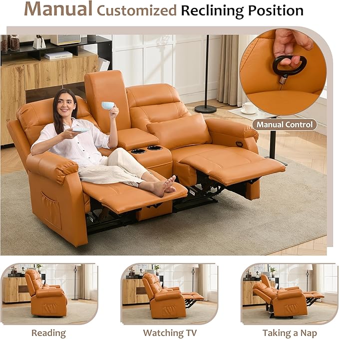 DRMBOOK RV Loveseat Recliner Sofa with Console, Faux Leather Double Wall Hugger Reclining Couch Manual Movie Seating 2 Person Recliner Chair with Cup Holders/Storage/Pocket/Lumbar Pillow, Orange