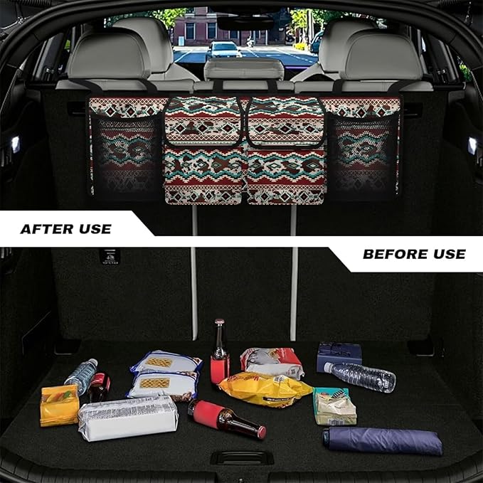 Dreaweet Aztec Brown Cow Print Car Accessories Trunk Organizer for SUV Hanging Car Trunk Organizers with Pockets Seat Back Waterproof Car Storage Trunk Organizer for Trucks Minivan Sedan