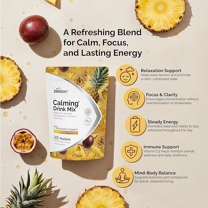 ZeniZest Calming Drink Mix Powder - Natural Cortisol Balance Calm Sleep Stress Support Supplement with Magnesium Glycinate Ashwagandha L-Theanine Vitamin D3 - Pineapple Passion Fruit Flavor 20 Packets