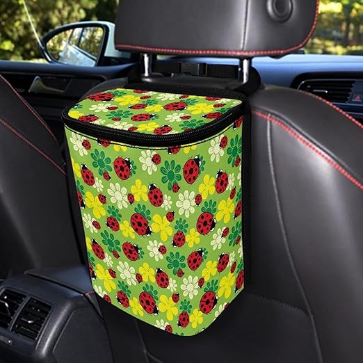 KEIAHUAN Ladybug Car Trash Can with Lid Hanging Garbage Bin and Storage Bag Large Capacity Portable Multi-Functional Rubbish Bag Grocery Organizer for Snacks, Drinks, and Widget, Green