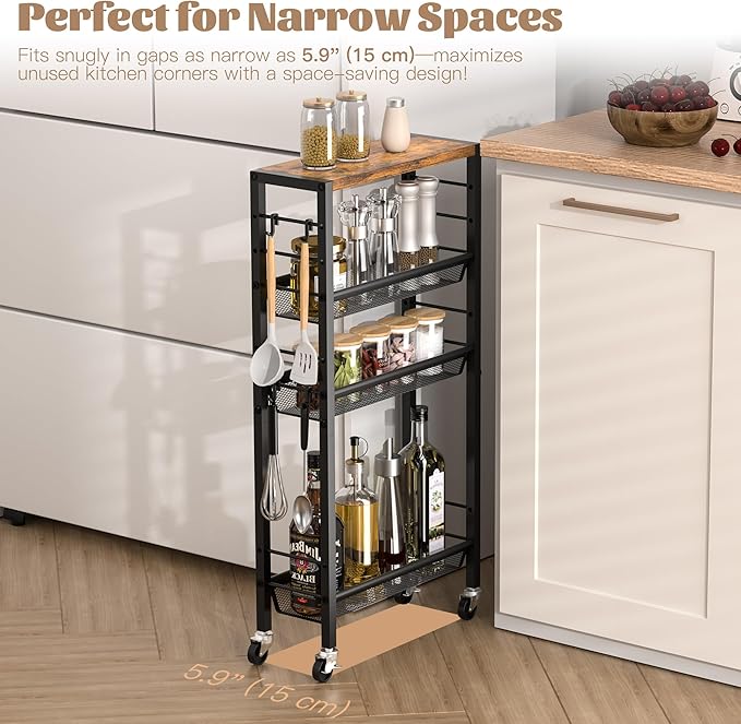 Narrow Storage Cart with Wheels,4-Tier Narrow Kitchen Carts Slim Rolling Cart,Skinny Storage Cart for Small Spaces,Rolling Utility Cart for Livingroom,Diningroom,Office,Laundry Room,Bathroom