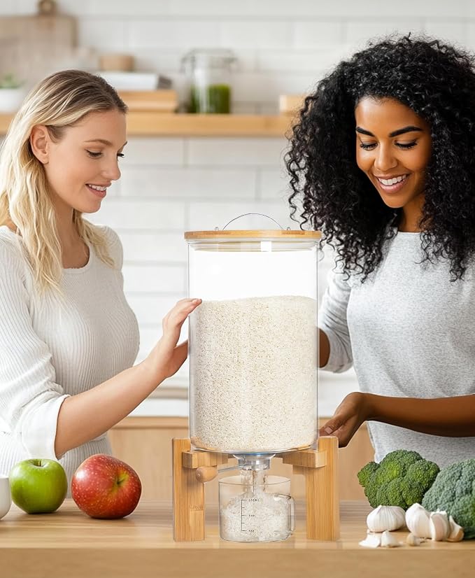 HBlife 14-16 Lbs Glass Rice Dispenser with Wooden Stand Flour and Cereal Container with Glass Measuring Cup Pantry Food Organization Storage Bin with Airtight Bamboo Lid, 8L