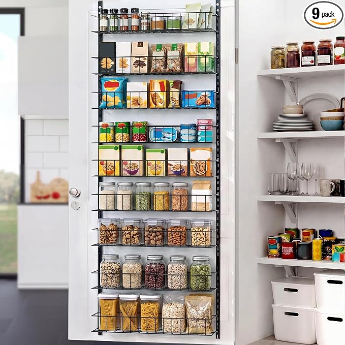 ElegantArray 9-Tier Pantry Door Oragnizer, Over The Door Pantry Organizer Rack and Storage, Hanging Spice Rack Shelves Door, Home Office Laundry Room Bathroom & Kitchen Organization, Black