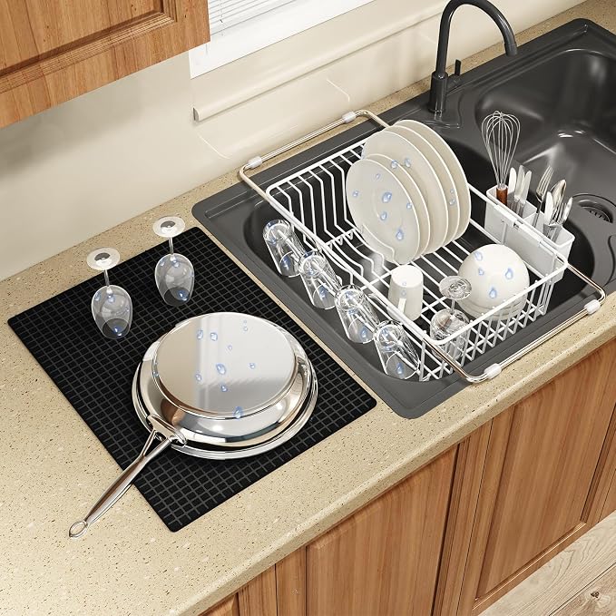 MAJALiS White Dish Drying Rack Over The Sink with Utensil Holder, Mat | Expandable Stainless Steel Dish Drainer for Small Kitchen, Apartment, RV, Counter Space Saving, Perfect Fit, Rustproof
