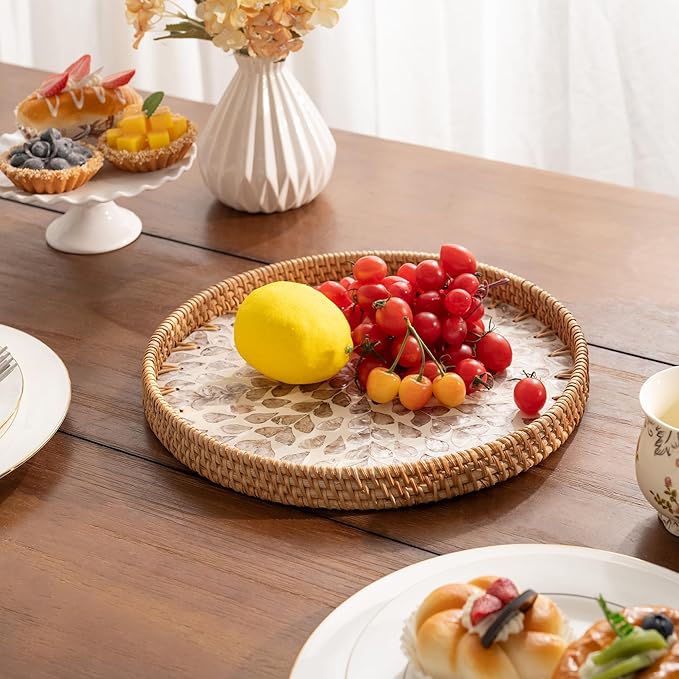 StorageWorks Decorative Coffee Table Trays for Home Decor, Round Rattan Tray with Mother of Pearl Inlay, Small Wicker Woven Serving Tray Decor for Kitchen Counter, Living Room and Ottoman, Yellow