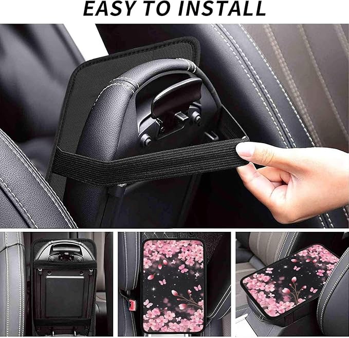 Universal Car Center Console Cushion Pad, Pink Cherry Blossoms Soft Waterproof Car Center Console Cover Auto Armrest Seat Box Cover Protector for Most Vehicle SUV Truck Car