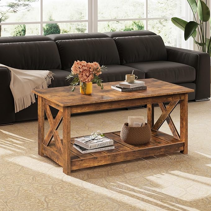 WLIVE Coffee Table, 40.1" Farmhouse Coffee Table with Slatted Storage Shelf & X-Shape Frame, 2-Tier Wood Center Table for Living Room, Balcony, Retro Brown