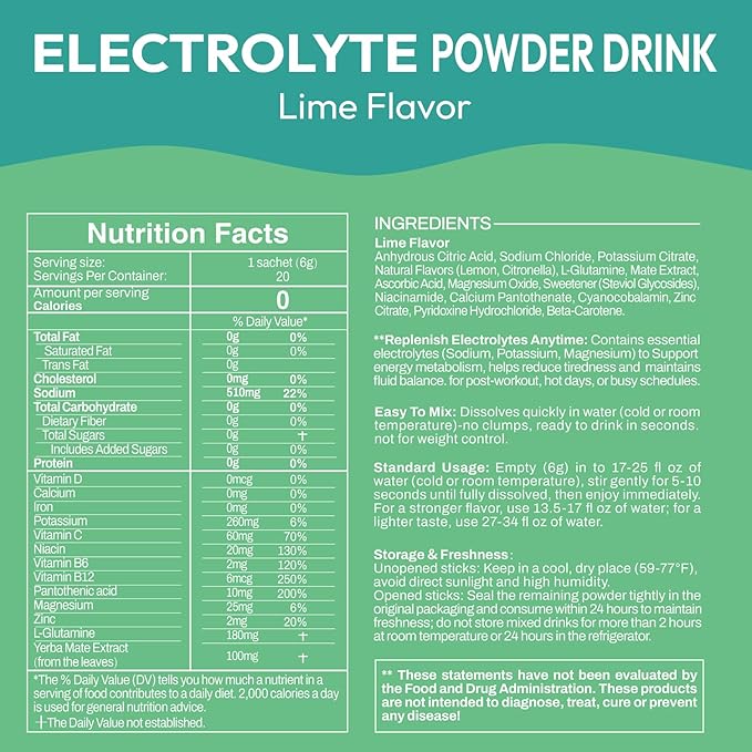 Electrolyte Powder Packets, Hydration Packets 20 Stick, Sugar Free Electrolytes for Rapid Recovery, Electrolyte Powder Drink Mix with Yerba Mate - Gluten Free, Keto Friendly, Vegan
