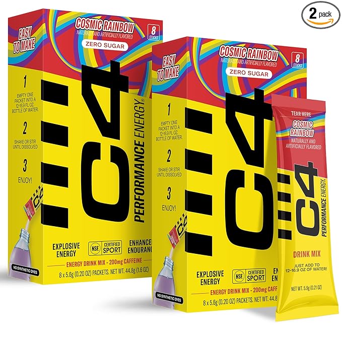 C4 Performance Energy, Cosmic Rainbow, 200mg Caffeine, Zero Sugar, NSF (2 Boxes, 16 Sticks)