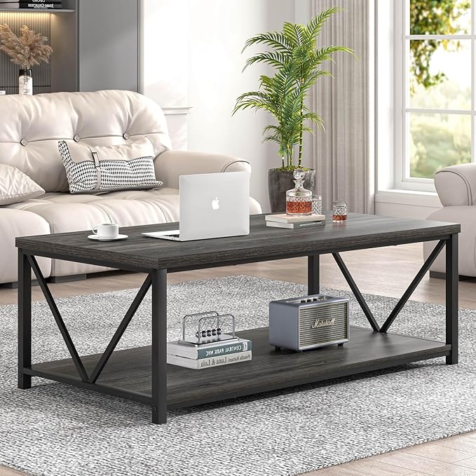 FOLUBAN Coffee Table with Storage, Modern Small Center Tables for Small Spaces, Rustic Wood and Metal Cocktail Table for Living Room, 39.3 Inch Dark Gray