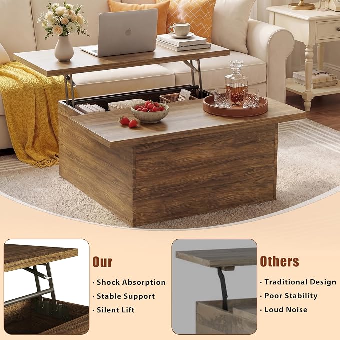 HUAHUU 31.5" Lift Top Coffee Table, 4 in 1 Square Coffee Table with Storage, Center Table with Lifting Top & Large Hidden Storage Compartment for Living Room, Home Office, Walnut