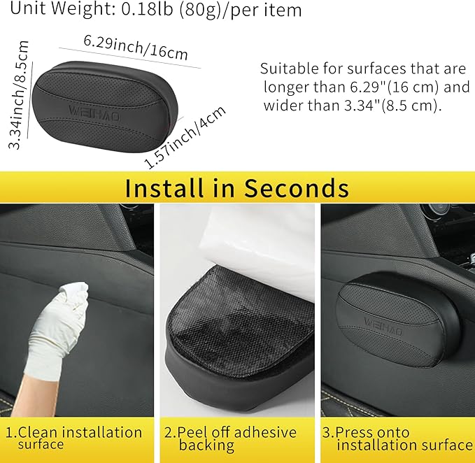2PCS Car Knee Cushion Pad, Car Door Knee Pad Rest Cushion, Center Console Car Knee Pad Protector, Memory Foam Compact Knee Support with Hook & Loop, Nappa Leather Car Knee Support Cushion (Black)