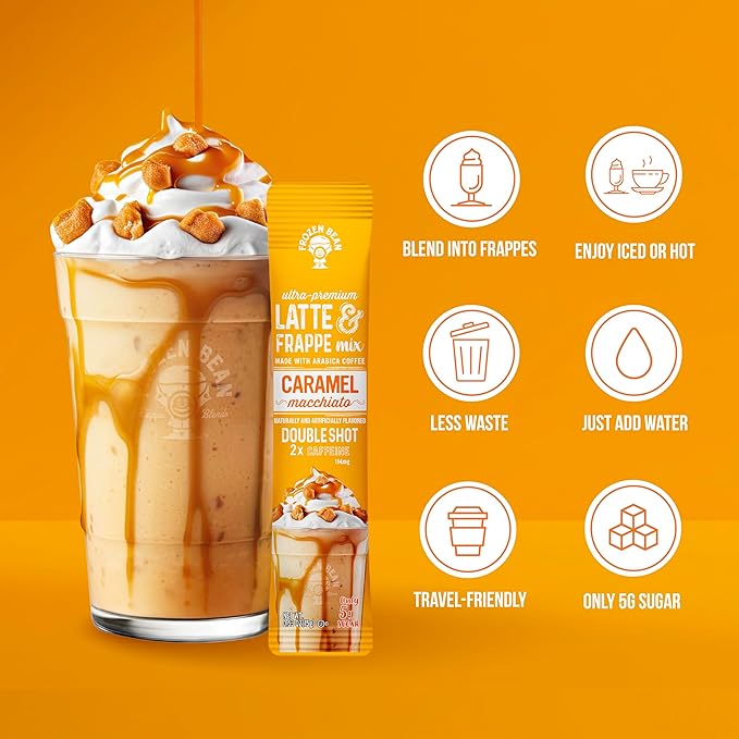 The Frozen Bean Caramel Macchiato Frappe & Latte Instant Mix (10 Sticks), Made with Arabica Coffee, Double Shot Caffeine, Low Sugar & Premium Ingredients, Hot, Iced, or Blended Drinks