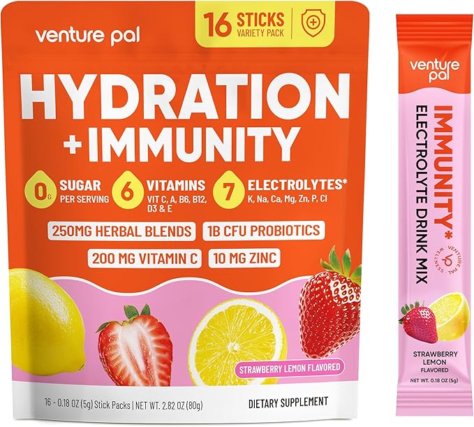 Venture Pal 2-in-1 Hydration + Immune Electrolytes Powder Packets with 7 Electrolytes & 6 Vitamins, Elderberry, Turmeric, Echinacea | Liquid Daily IV Drink Mix | Sugar Free | Keto Friendly, 16 Sticks