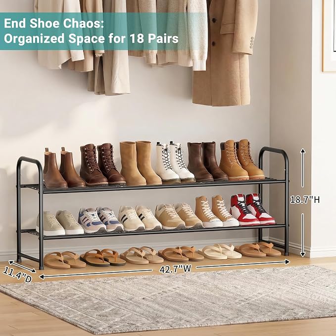 AOODA Long 2 Tier Shoe Rack for Closet Metal Wide Stackable Shoe Storage Organizer for Entryway, Bedroom, Floor, 18-Pairs Low Shoe Shelf, Black