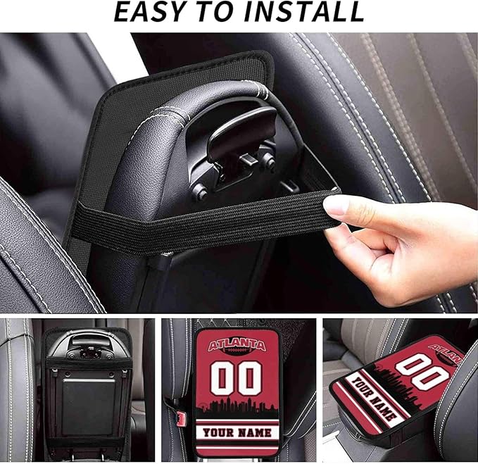 Custom Atlanta Car Armrest Covers Personalized Football Style with Name Number Customized Auto Center Console Pad Car Handrail Box Cushion for Most Vehicle Decor Accessories, Fans Gift