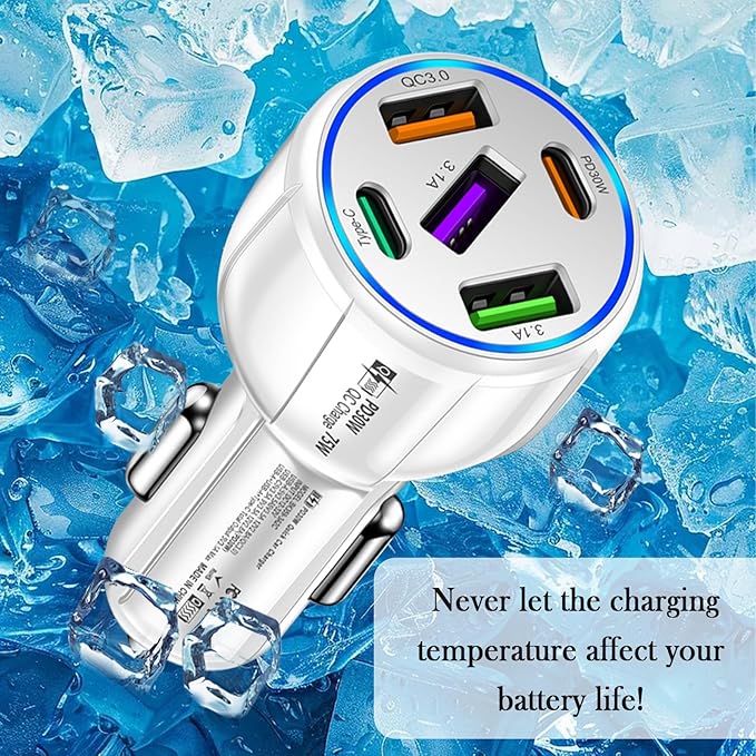 5 Port Fast Car Charger Adapter,12-24V Car Charger USB C & 30W QC3.0/3.1A Port with Reinforced Contacts & Lighting,75W Vehicle Accessories Cigarette Lighter USB Chargers (White)