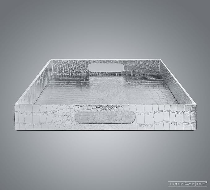 17.5"x12" Silver Glossy Crocodile Faux Leather Serving Tray Beautiful Modern Elegant Decorative Tray with Handles Ottoman Coffee Table Ottoman Perfume Makeup Display for All Occasion's